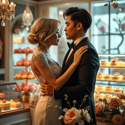 A romantic scene inspired by 'Bitter Sweet Confections' by MilkieCake, capturing a dramatic moment between the female and male leads in an upscale confectionery shop