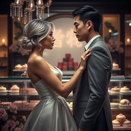 A romantic scene inspired by 'Bitter Sweet Confections' by MilkieCake, capturing a dramatic moment between the female and male leads in an upscale confectionery shop