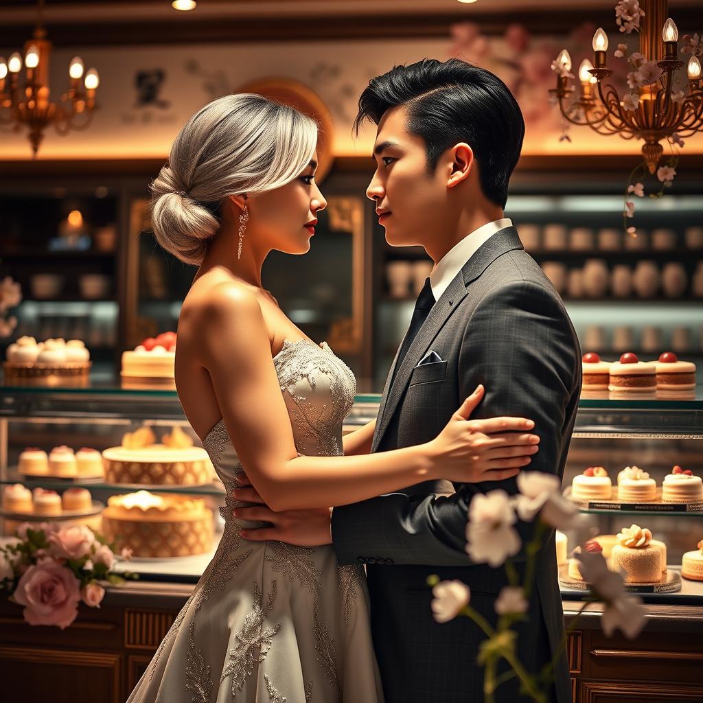 A romantic scene inspired by 'Bitter Sweet Confections' by MilkieCake, capturing a dramatic moment between the female and male leads in an upscale confectionery shop