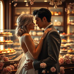 A romantic scene inspired by 'Bitter Sweet Confections' by MilkieCake, capturing a dramatic moment between the female and male leads in an upscale confectionery shop