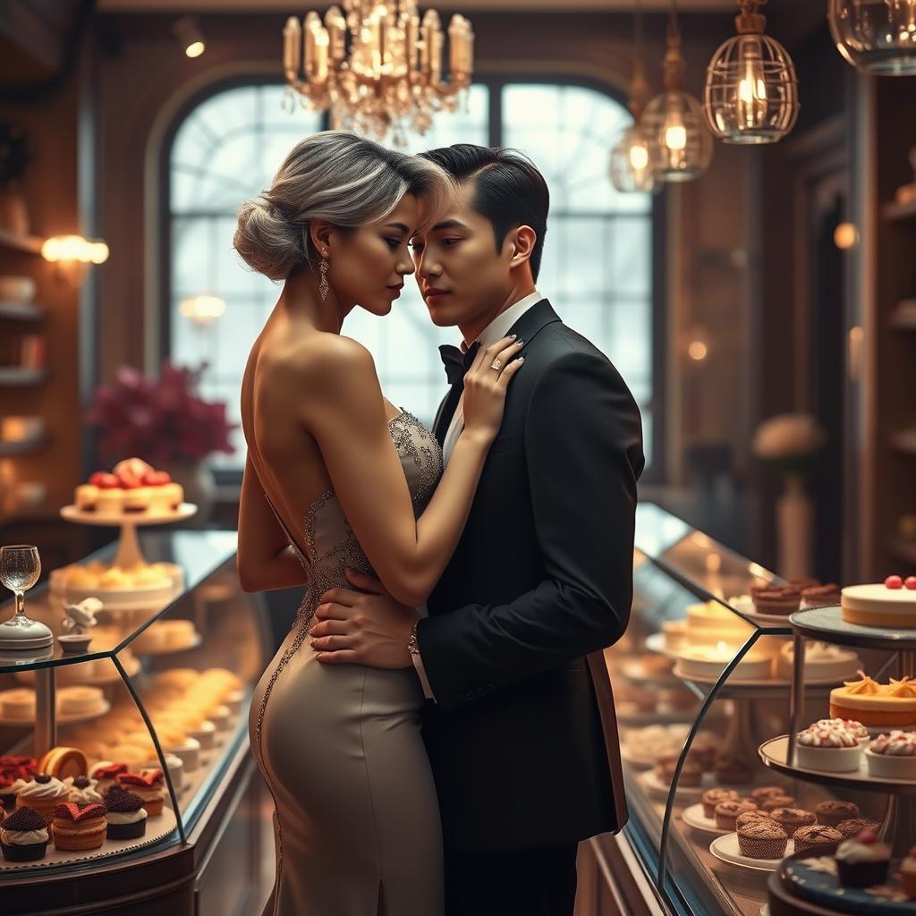 A captivating scene inspired by 'Bitter Sweet Confections' by MilkieCake, depicting a dramatic romance moment between the female and male leads in an upscale confectionery setting