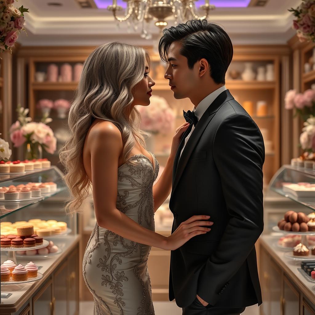 An intense scene inspired by 'Bitter Sweet Confections' by MilkieCake, featuring a steamy and forbidden romance between the leads in a luxurious confectionery setting