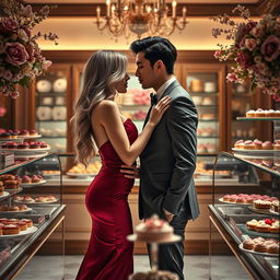 An intense scene inspired by 'Bitter Sweet Confections' by MilkieCake, featuring a steamy and forbidden romance between the leads in a luxurious confectionery setting