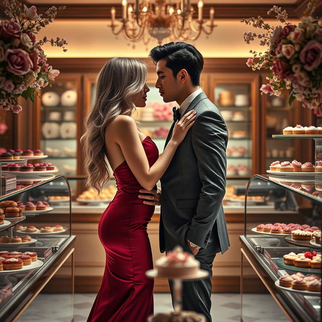 An intense scene inspired by 'Bitter Sweet Confections' by MilkieCake, featuring a steamy and forbidden romance between the leads in a luxurious confectionery setting