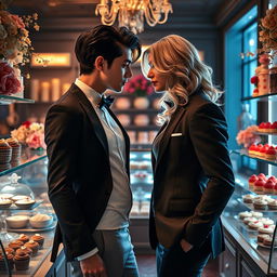 An intense scene inspired by 'Bitter Sweet Confections' by MilkieCake, featuring a steamy and forbidden romance between the leads in a luxurious confectionery setting