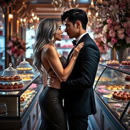 An intense scene inspired by 'Bitter Sweet Confections' by MilkieCake, featuring a steamy and forbidden romance between the leads in a luxurious confectionery setting