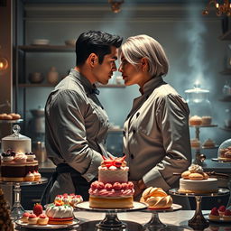 An electrifying scene inspired by 'Bitter Sweet Confections' by MilkieCake, illustrating a steamy and forbidden romance between a female pastry chef and her male boss in an elegant kitchen filled with decadent desserts