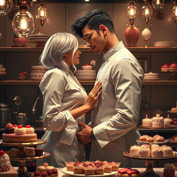 An electrifying scene inspired by 'Bitter Sweet Confections' by MilkieCake, illustrating a steamy and forbidden romance between a female pastry chef and her male boss in an elegant kitchen filled with decadent desserts