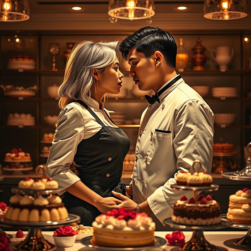 An electrifying scene inspired by 'Bitter Sweet Confections' by MilkieCake, illustrating a steamy and forbidden romance between a female pastry chef and her male boss in an elegant kitchen filled with decadent desserts