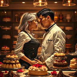 An electrifying scene inspired by 'Bitter Sweet Confections' by MilkieCake, illustrating a steamy and forbidden romance between a female pastry chef and her male boss in an elegant kitchen filled with decadent desserts