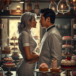 An electrifying scene inspired by 'Bitter Sweet Confections' by MilkieCake, illustrating a steamy and forbidden romance between a female pastry chef and her male boss in an elegant kitchen filled with decadent desserts