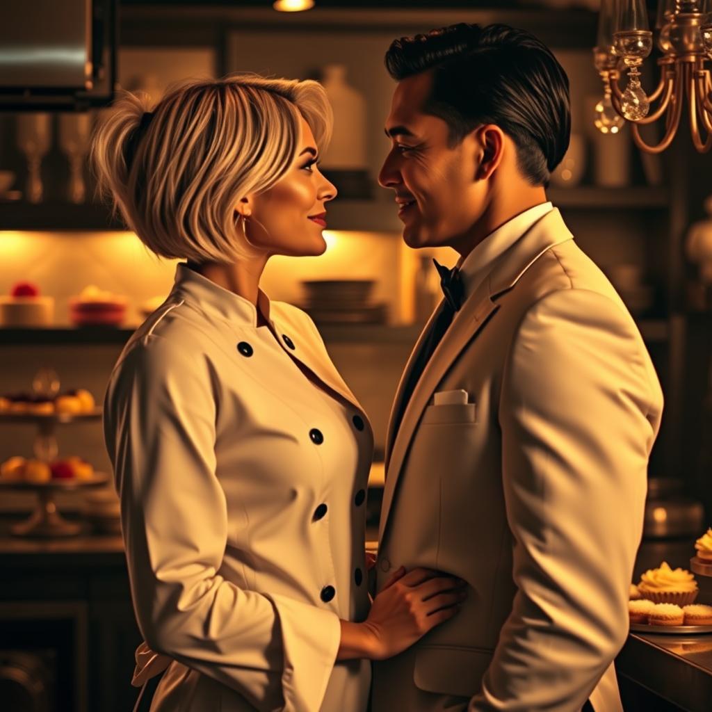 An alluring scene inspired by 'Bitter Sweet Confections' by MilkieCake, capturing the essence of a steamy and forbidden romance between a female pastry chef and her male boss, the hotel owner