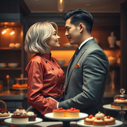 An alluring scene inspired by 'Bitter Sweet Confections' by MilkieCake, capturing the essence of a steamy and forbidden romance between a female pastry chef and her male boss, the hotel owner