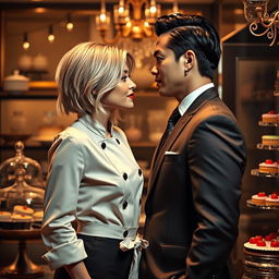 An alluring scene inspired by 'Bitter Sweet Confections' by MilkieCake, capturing the essence of a steamy and forbidden romance between a female pastry chef and her male boss, the hotel owner
