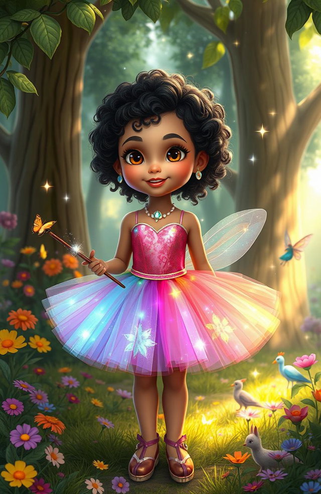 A whimsical scene featuring Maya, a young girl with sparkling brown eyes and curly black hair, wearing a vibrant, enchanted tutu that shimmers with magical colors