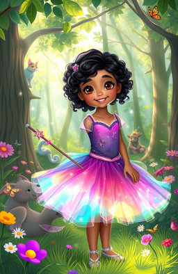 A whimsical scene featuring Maya, a young girl with sparkling brown eyes and curly black hair, wearing a vibrant, enchanted tutu that shimmers with magical colors
