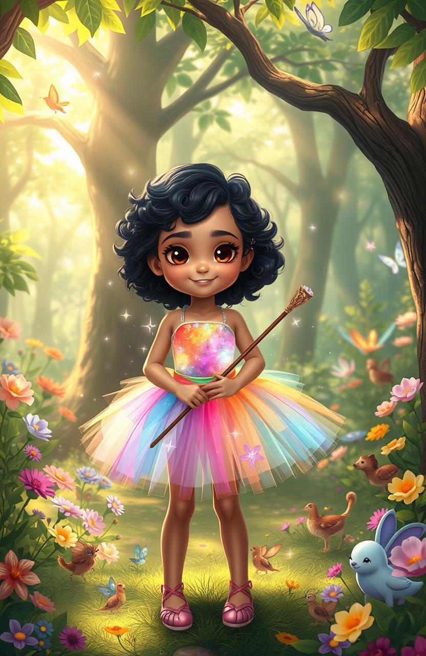 A whimsical scene featuring Maya, a young girl with sparkling brown eyes and curly black hair, wearing a vibrant, enchanted tutu that shimmers with magical colors