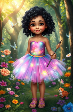A whimsical scene featuring Maya, a young girl with sparkling brown eyes and curly black hair, wearing a vibrant, enchanted tutu that shimmers with magical colors