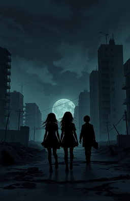In a dystopian world, illustrate a dark and moody scene featuring four figures walking together