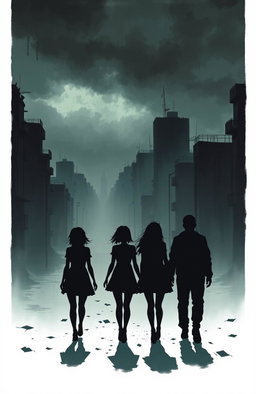 In a dystopian world, illustrate a dark and moody scene featuring four figures walking together