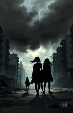 In a dystopian world, illustrate a dark and moody scene featuring four figures walking together