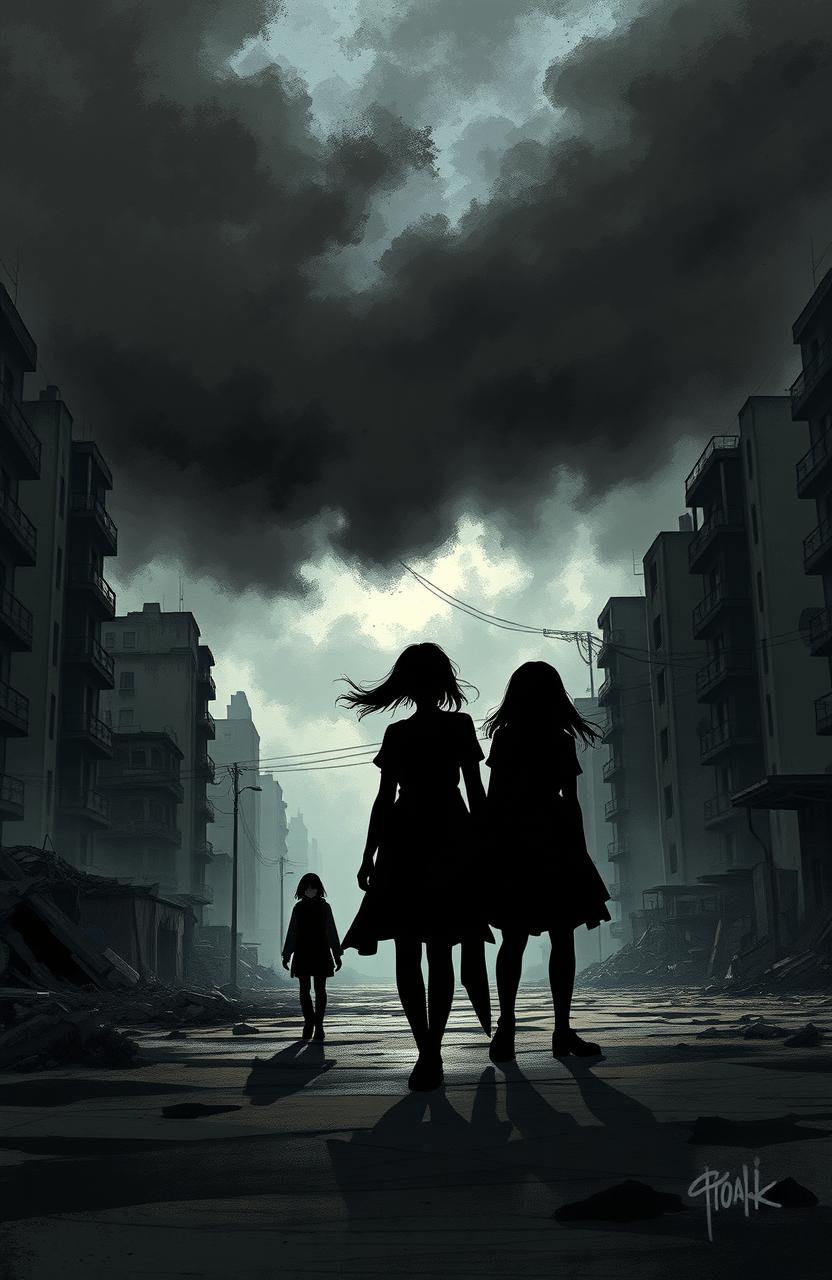 In a dystopian world, illustrate a dark and moody scene featuring four figures walking together