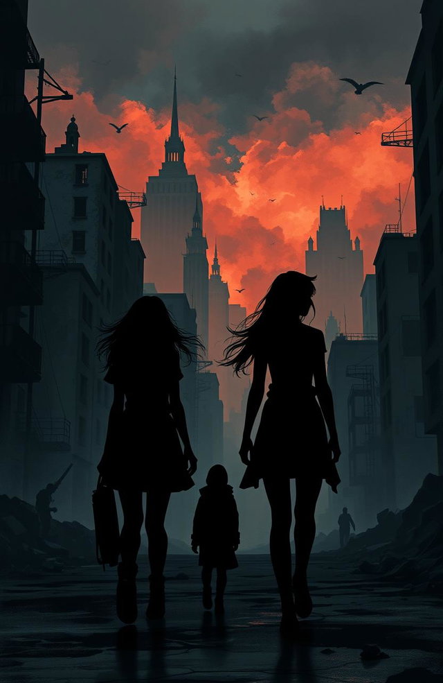 In a dystopian world, illustrate a dark and moody scene featuring four figures walking together