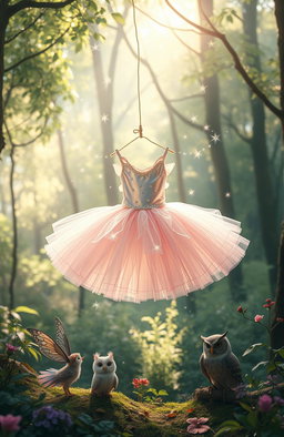 A whimsical scene featuring a magical tutu, adorned with sparkling stars and shimmering fairy lights, gracefully floating in mid-air
