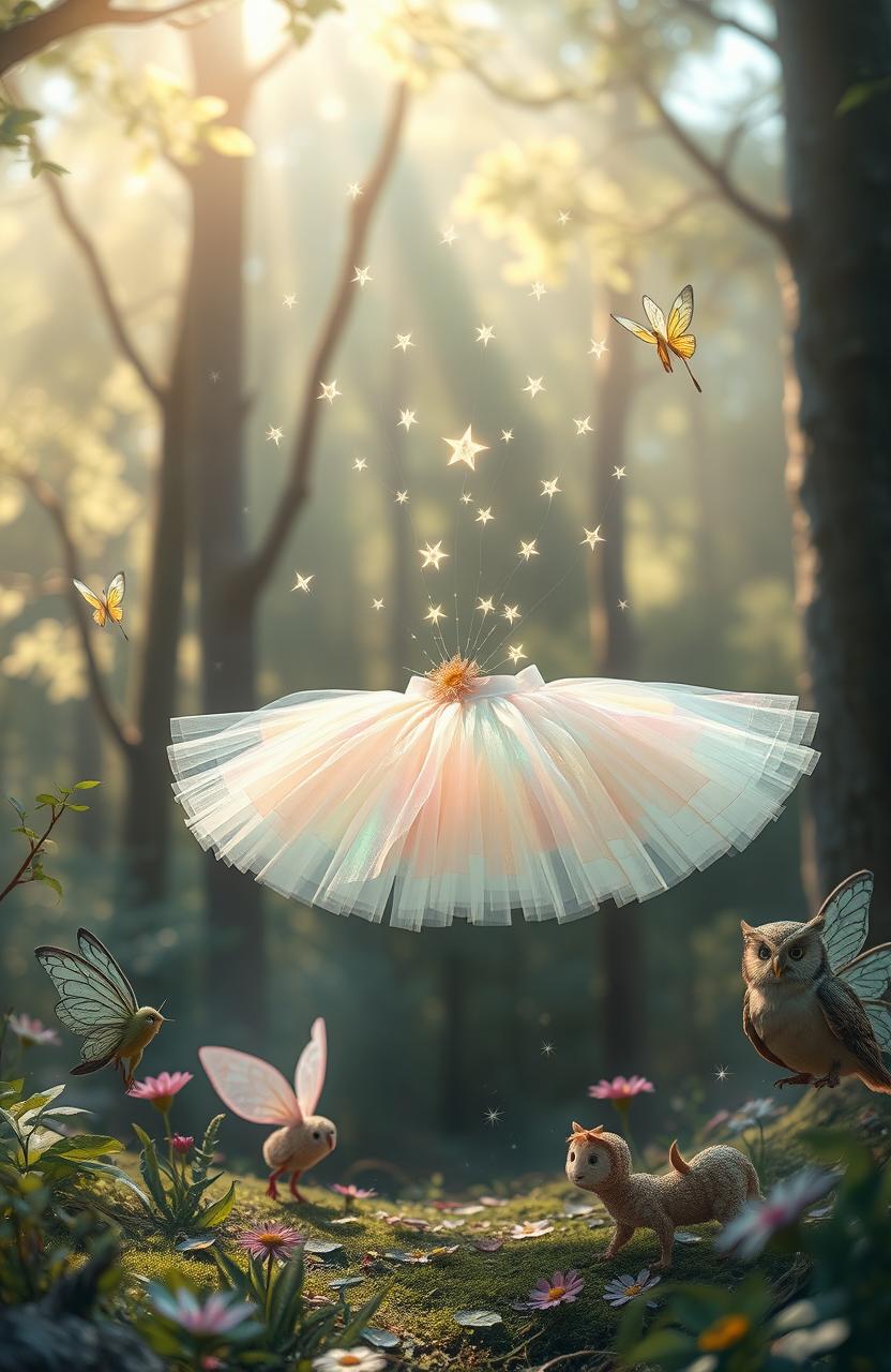 A whimsical scene featuring a magical tutu, adorned with sparkling stars and shimmering fairy lights, gracefully floating in mid-air