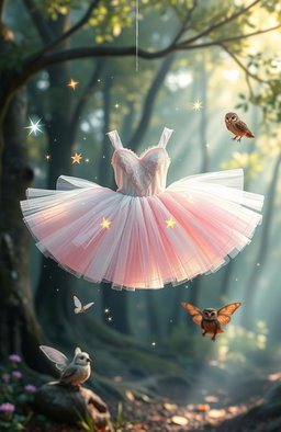 A whimsical scene featuring a magical tutu, adorned with sparkling stars and shimmering fairy lights, gracefully floating in mid-air