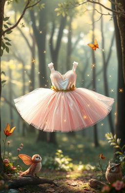 A whimsical scene featuring a magical tutu, adorned with sparkling stars and shimmering fairy lights, gracefully floating in mid-air