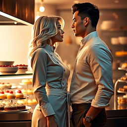 A captivating moment from 'Bitter Sweet Confections' by MilkieCake, showcasing a dramatic, steamy, and forbidden romance narrative between a female pastry chef and the hotel owner's son