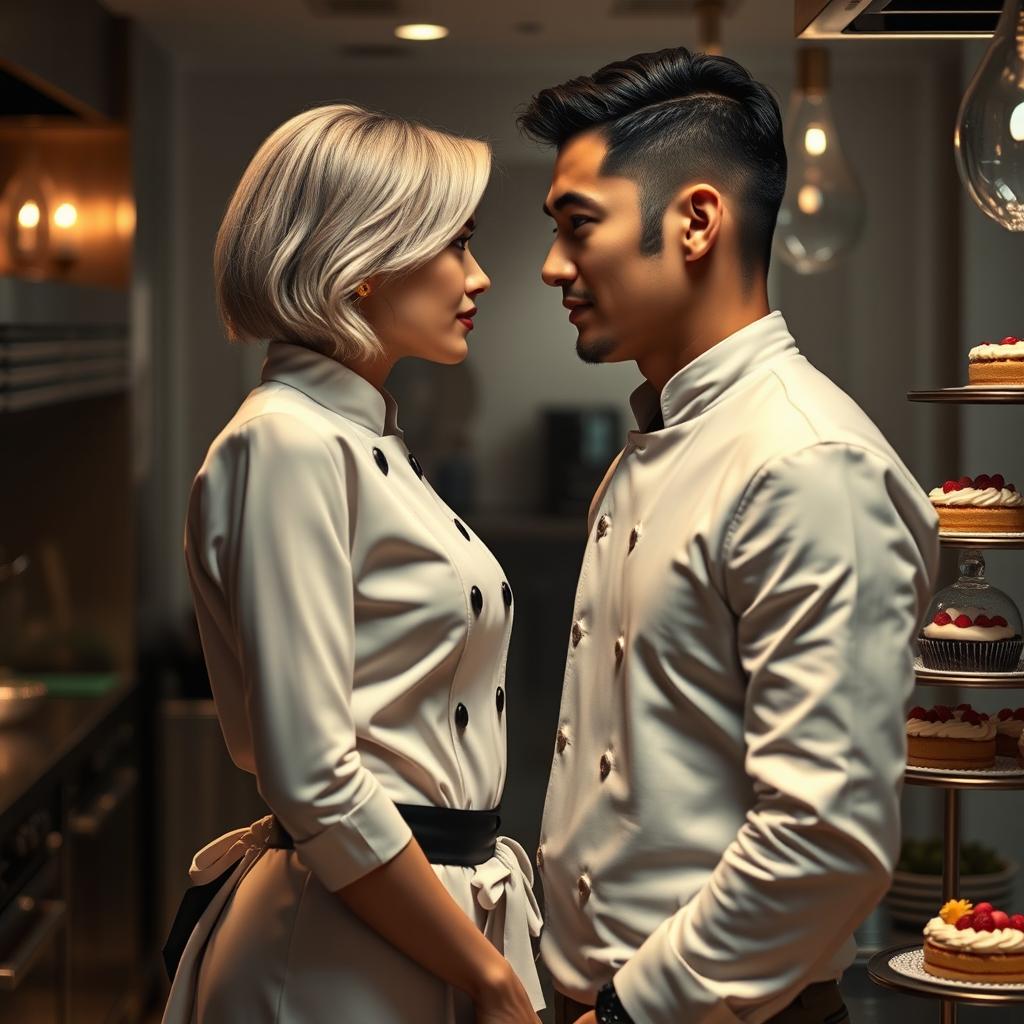 A captivating moment from 'Bitter Sweet Confections' by MilkieCake, showcasing a dramatic, steamy, and forbidden romance narrative between a female pastry chef and the hotel owner's son