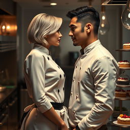 A captivating moment from 'Bitter Sweet Confections' by MilkieCake, showcasing a dramatic, steamy, and forbidden romance narrative between a female pastry chef and the hotel owner's son