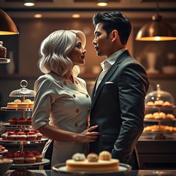 A captivating moment from 'Bitter Sweet Confections' by MilkieCake, showcasing a dramatic, steamy, and forbidden romance narrative between a female pastry chef and the hotel owner's son