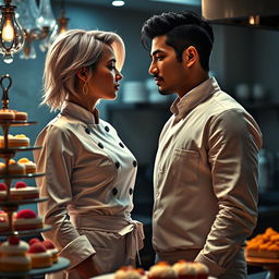 A captivating moment from 'Bitter Sweet Confections' by MilkieCake, showcasing a dramatic, steamy, and forbidden romance narrative between a female pastry chef and the hotel owner's son
