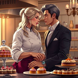 An evocative scene from 'Bitter Sweet Confections' by MilkieCake, illustrating the dramatic, steamy, and forbidden romance between the female lead, a talented pastry chef with stunning silver blonde hair, and the male lead, the hotel owner's charming half Asian son