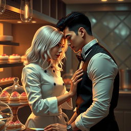 An evocative scene from 'Bitter Sweet Confections' by MilkieCake, illustrating the dramatic, steamy, and forbidden romance between the female lead, a talented pastry chef with stunning silver blonde hair, and the male lead, the hotel owner's charming half Asian son
