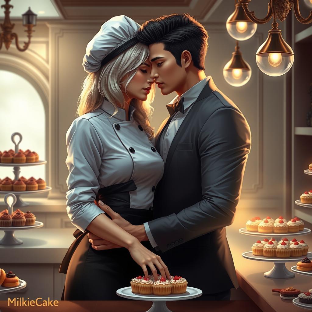 An evocative scene from 'Bitter Sweet Confections' by MilkieCake, illustrating the dramatic, steamy, and forbidden romance between the female lead, a talented pastry chef with stunning silver blonde hair, and the male lead, the hotel owner's charming half Asian son