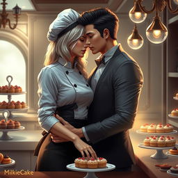 An evocative scene from 'Bitter Sweet Confections' by MilkieCake, illustrating the dramatic, steamy, and forbidden romance between the female lead, a talented pastry chef with stunning silver blonde hair, and the male lead, the hotel owner's charming half Asian son