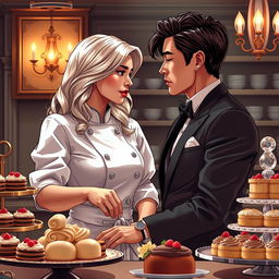 An evocative scene from 'Bitter Sweet Confections' by MilkieCake, illustrating the dramatic, steamy, and forbidden romance between the female lead, a talented pastry chef with stunning silver blonde hair, and the male lead, the hotel owner's charming half Asian son