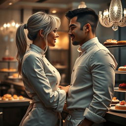 A dramatic scene from 'Bitter Sweet Confections' by MilkieCake, capturing the essence of a steamy and forbidden romance in a luxurious hotel kitchen