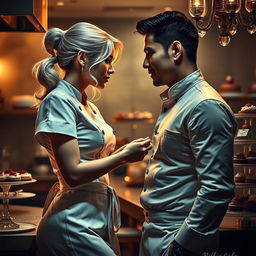 A dramatic scene from 'Bitter Sweet Confections' by MilkieCake, capturing the essence of a steamy and forbidden romance in a luxurious hotel kitchen