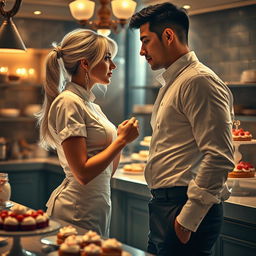 A dramatic scene from 'Bitter Sweet Confections' by MilkieCake, capturing the essence of a steamy and forbidden romance in a luxurious hotel kitchen