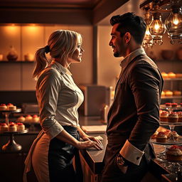 A dramatic scene from 'Bitter Sweet Confections' by MilkieCake, capturing the essence of a steamy and forbidden romance in a luxurious hotel kitchen