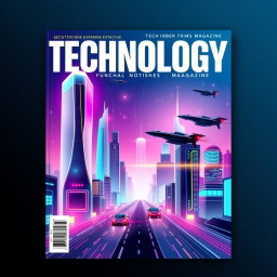 A visually striking front cover page design for a technology magazine, featuring a futuristic cityscape with sleek skyscrapers, neon lights, and flying vehicles