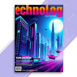 A visually striking front cover page design for a technology magazine, featuring a futuristic cityscape with sleek skyscrapers, neon lights, and flying vehicles