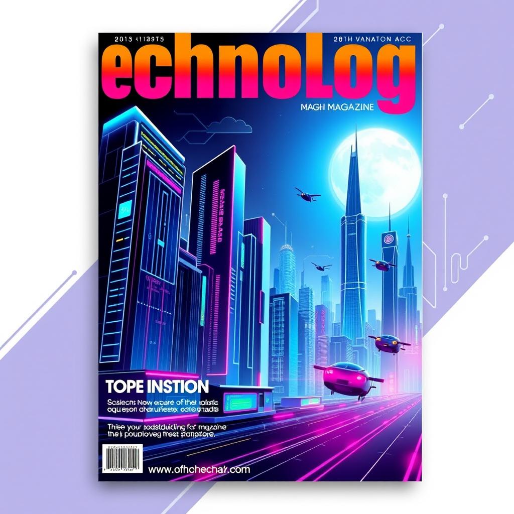 A visually striking front cover page design for a technology magazine, featuring a futuristic cityscape with sleek skyscrapers, neon lights, and flying vehicles