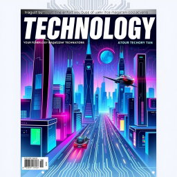 A visually striking front cover page design for a technology magazine, featuring a futuristic cityscape with sleek skyscrapers, neon lights, and flying vehicles