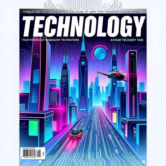 A visually striking front cover page design for a technology magazine, featuring a futuristic cityscape with sleek skyscrapers, neon lights, and flying vehicles